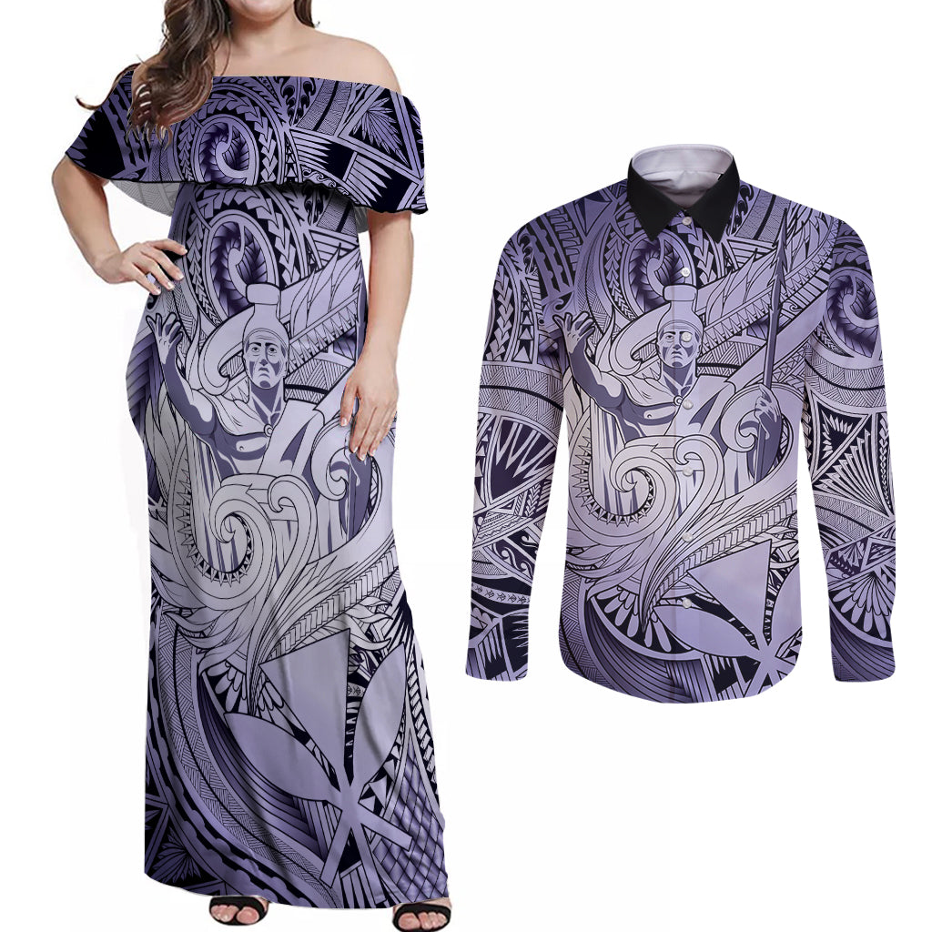 Personalised Aloha King Kamehameha Spirits Couples Matching Off Shoulder Maxi Dress and Long Sleeve Button Shirt Violet Special LT9 Violet - Polynesian Pride