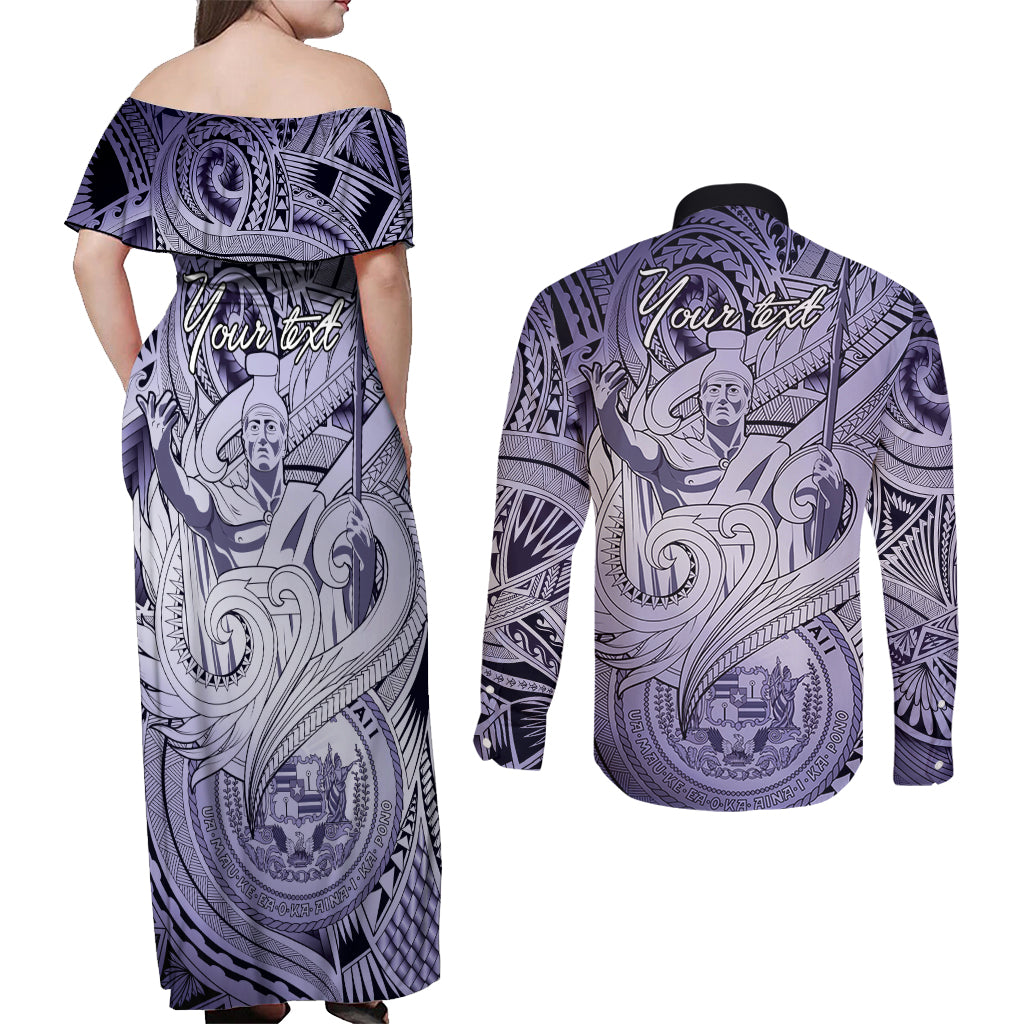 Personalised Aloha King Kamehameha Spirits Couples Matching Off Shoulder Maxi Dress and Long Sleeve Button Shirt Violet Special LT9 - Polynesian Pride