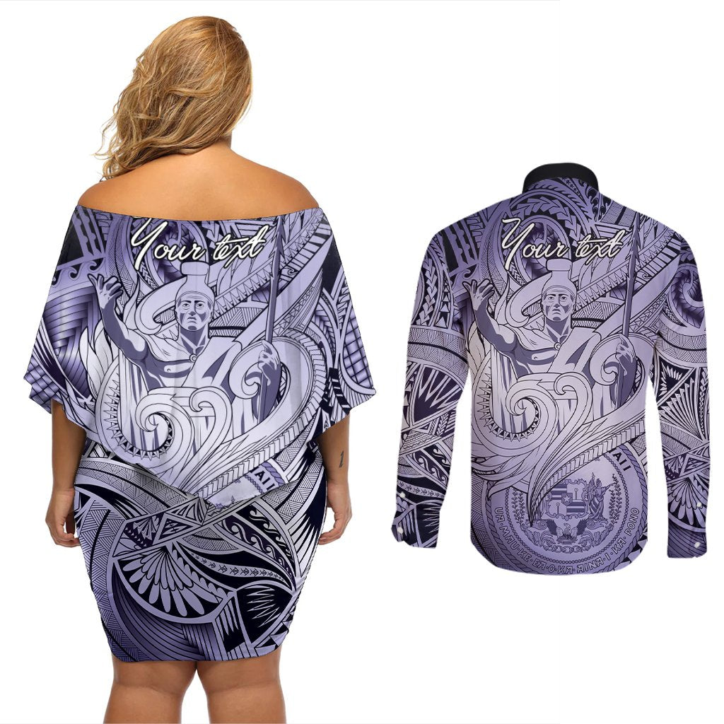 Personalised Aloha King Kamehameha Spirits Couples Matching Off Shoulder Short Dress and Long Sleeve Button Shirt Violet Special LT9 - Polynesian Pride