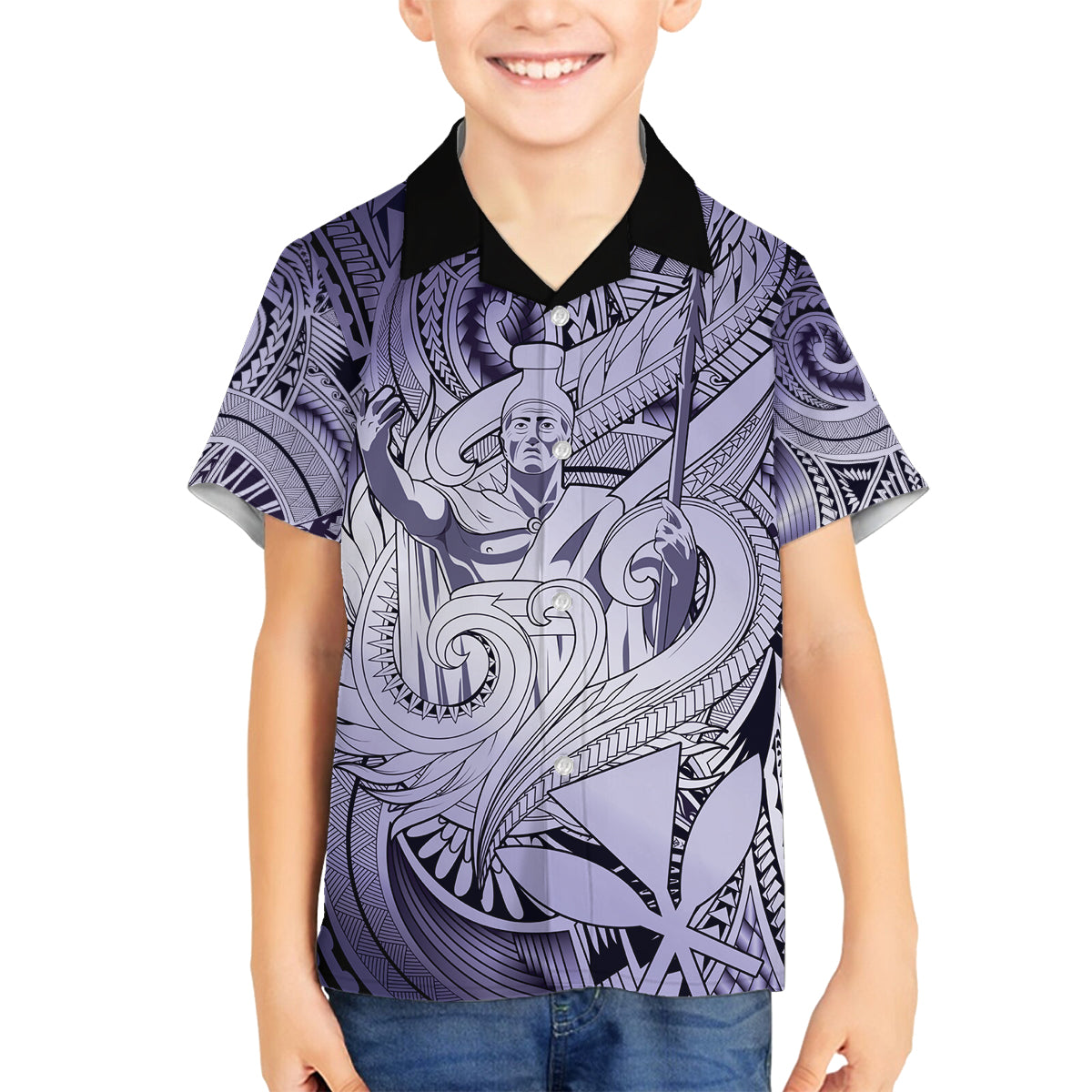 Personalised Aloha King Kamehameha Spirits Family Matching Long Sleeve Bodycon Dress and Hawaiian Shirt Violet Special LT9 Son's Shirt Violet - Polynesian Pride