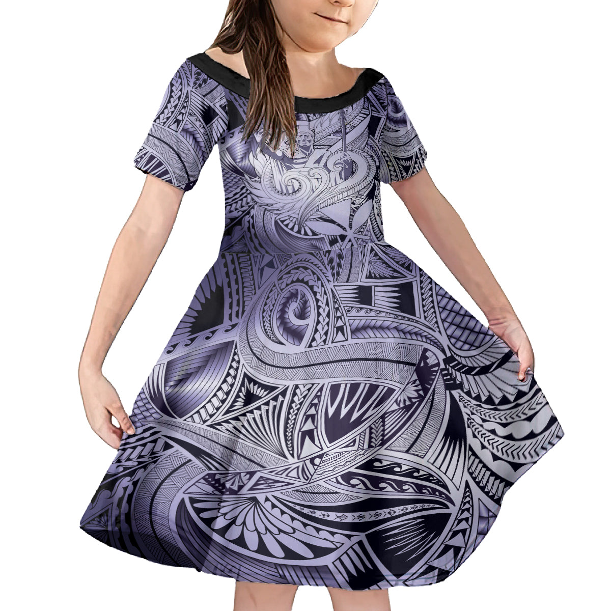 Personalised Aloha King Kamehameha Spirits Family Matching Off Shoulder Long Sleeve Dress and Hawaiian Shirt Violet Special LT9 Daughter's Dress Violet - Polynesian Pride