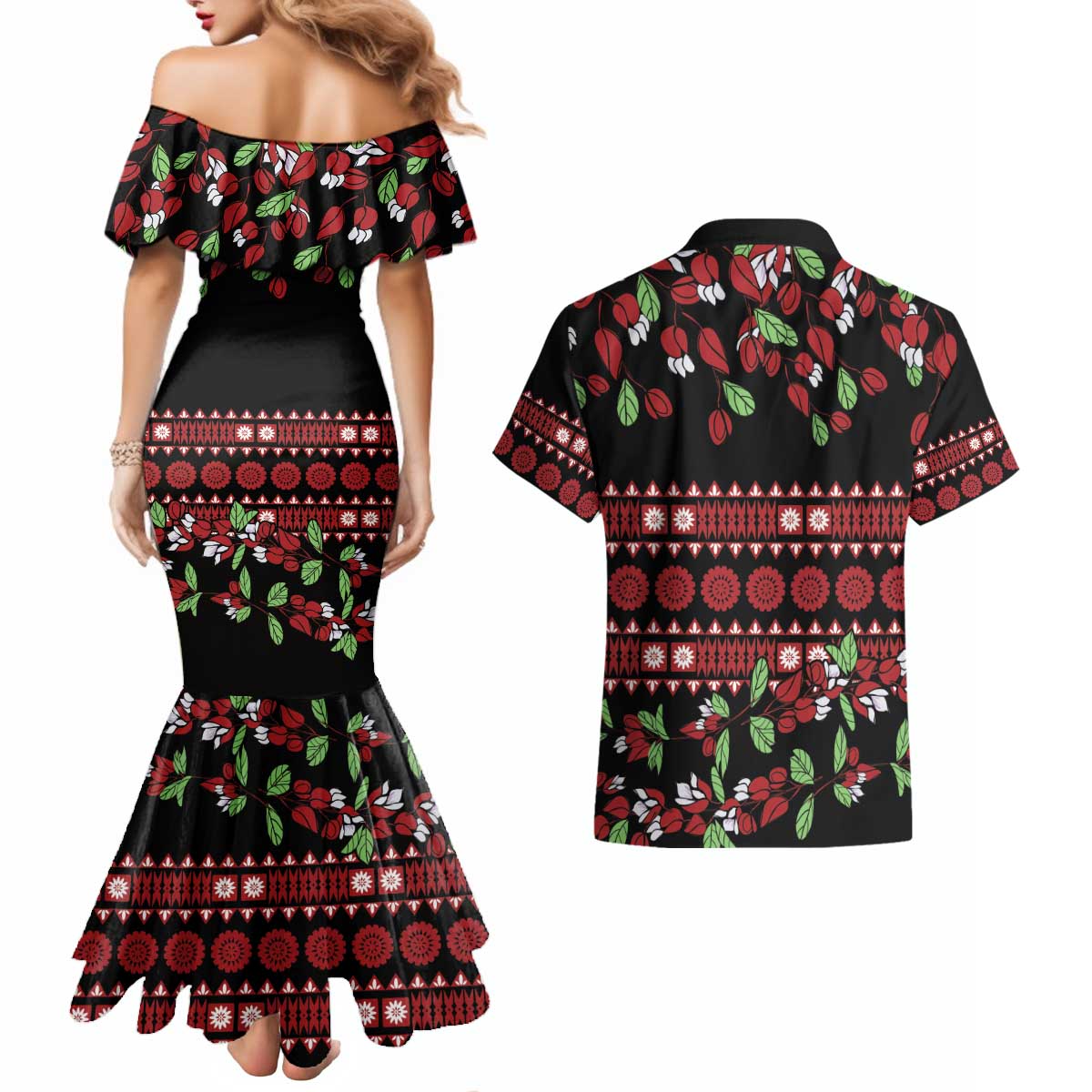 Fiji Masi Bula Tagimoucia Flowers Couples Matching Mermaid Dress and Hawaiian Shirt