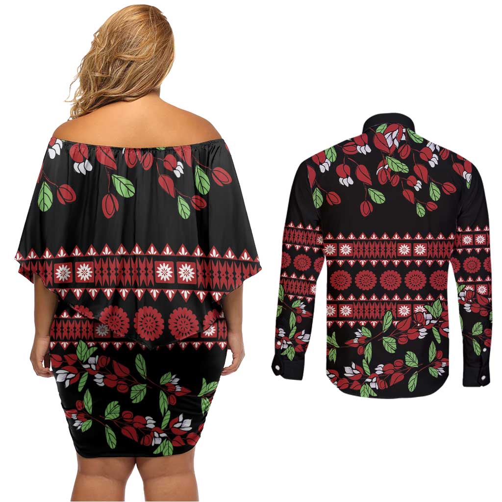 Fiji Masi Bula Tagimoucia Flowers Couples Matching Off Shoulder Short Dress and Long Sleeve Button Shirt
