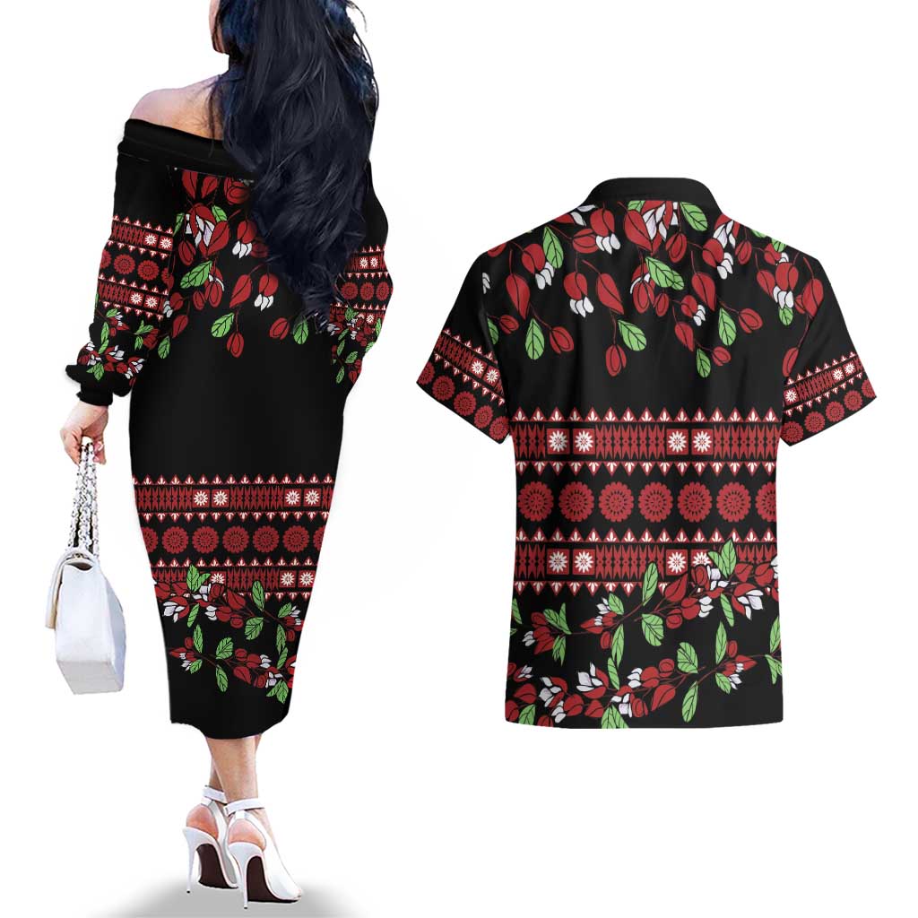 Fiji Masi Bula Tagimoucia Flowers Couples Matching Off The Shoulder Long Sleeve Dress and Hawaiian Shirt