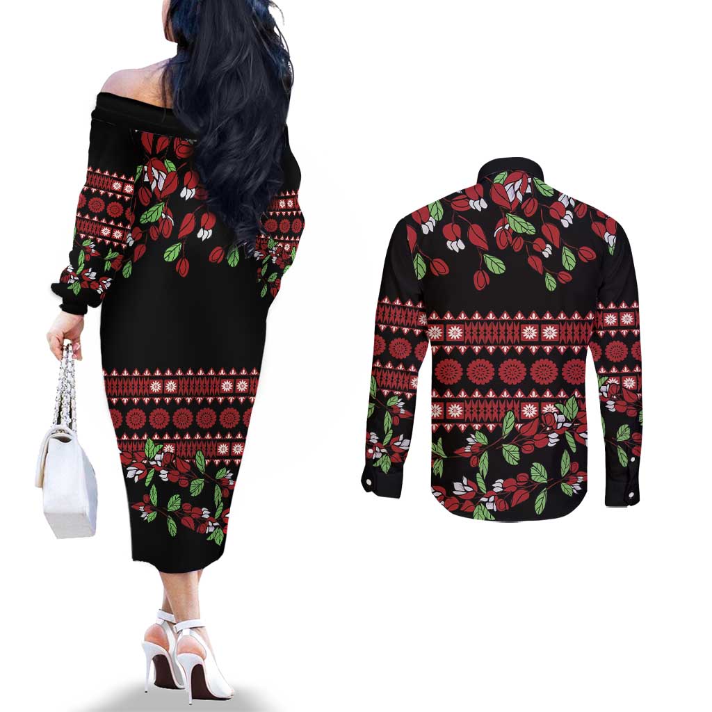 Fiji Masi Bula Tagimoucia Flowers Couples Matching Off The Shoulder Long Sleeve Dress and Long Sleeve Button Shirt