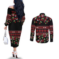 Fiji Masi Bula Tagimoucia Flowers Couples Matching Off The Shoulder Long Sleeve Dress and Long Sleeve Button Shirt