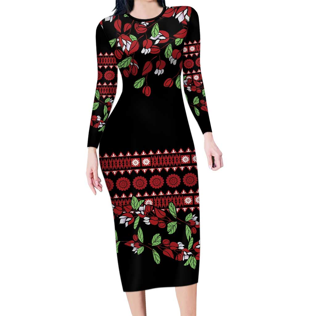 Fiji Masi Bula Tagimoucia Flowers Family Matching Long Sleeve Bodycon Dress and Hawaiian Shirt LT9 Mom's Dress Red - Polynesian Pride