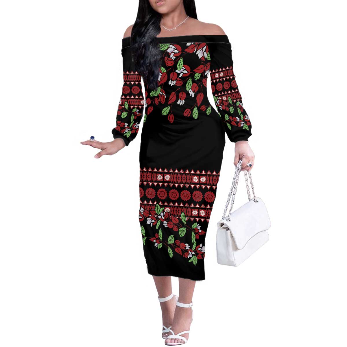 Fiji Masi Bula Tagimoucia Flowers Family Matching Off The Shoulder Long Sleeve Dress and Hawaiian Shirt LT9 Mom's Dress Red - Polynesian Pride