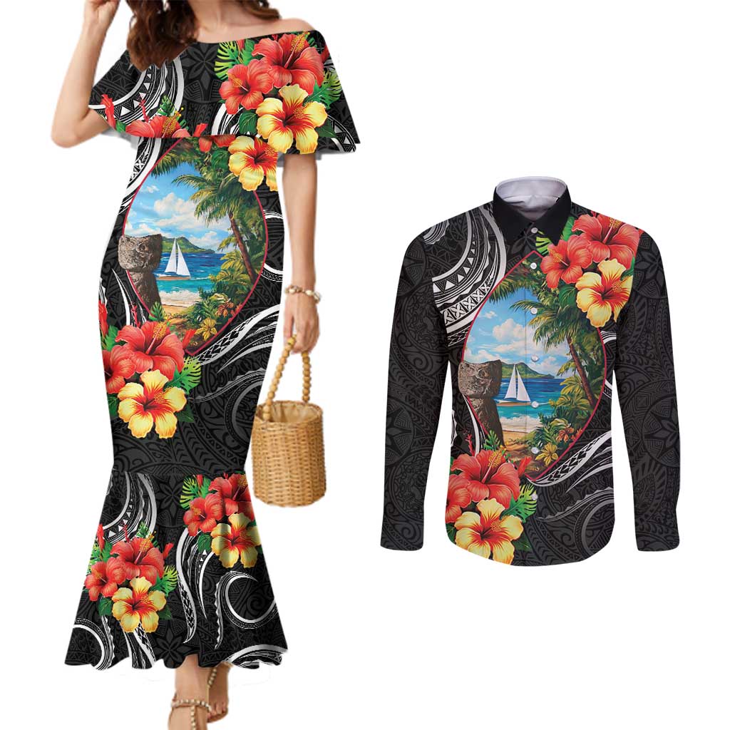 Hafa Adai Guam Couples Matching Mermaid Dress and Long Sleeve Button Shirt Guahan Seal Chamorro Stones Tribal