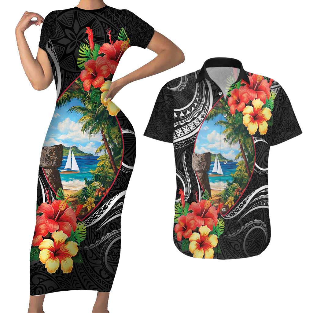 Hafa Adai Guam Couples Matching Short Sleeve Bodycon Dress and Hawaiian Shirt Guahan Seal Chamorro Stones Tribal