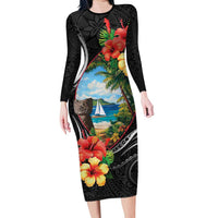 Hafa Adai Guam Family Matching Long Sleeve Bodycon Dress and Hawaiian Shirt Guahan Seal Chamorro Stones Tribal LT9 Mom's Dress Black - Polynesian Pride