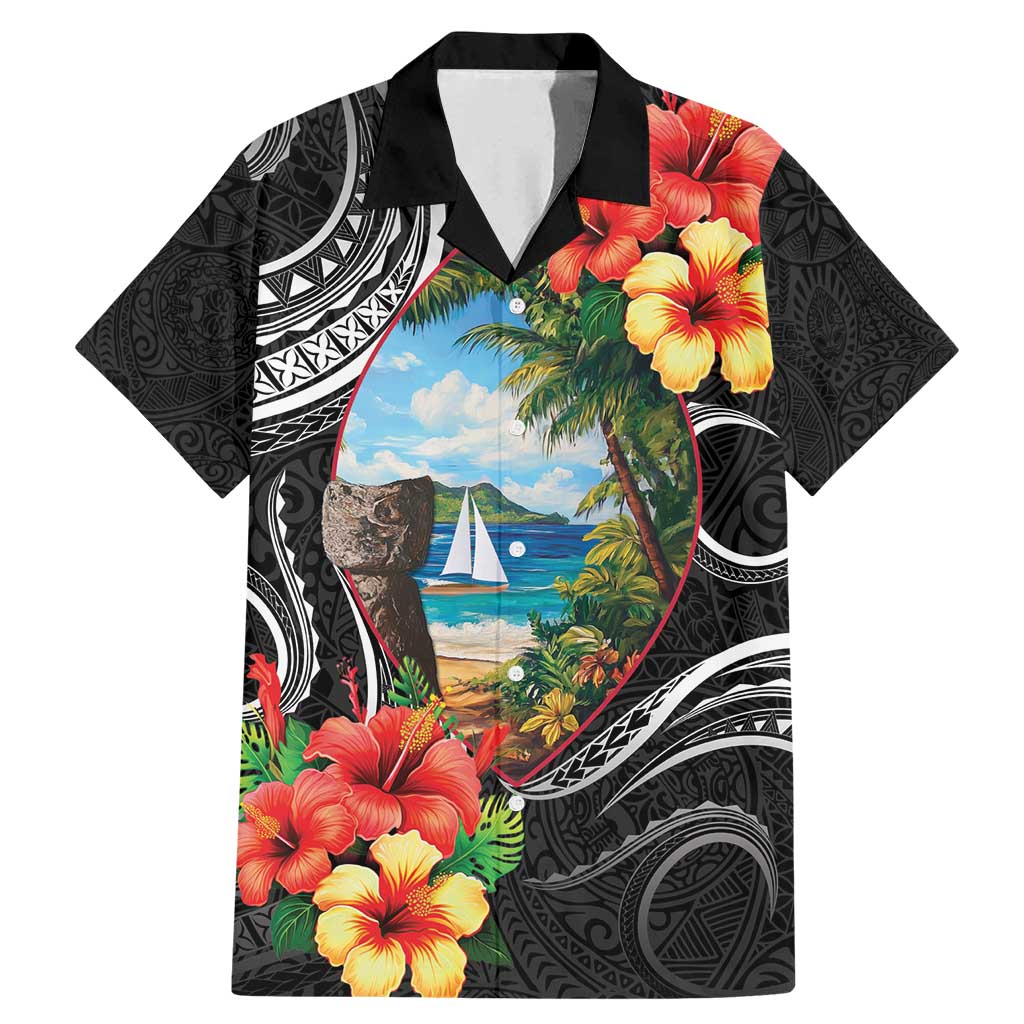 Hafa Adai Guam Family Matching Mermaid Dress and Hawaiian Shirt Guahan Seal Chamorro Stones Tribal LT9 Dad's Shirt - Short Sleeve Black - Polynesian Pride