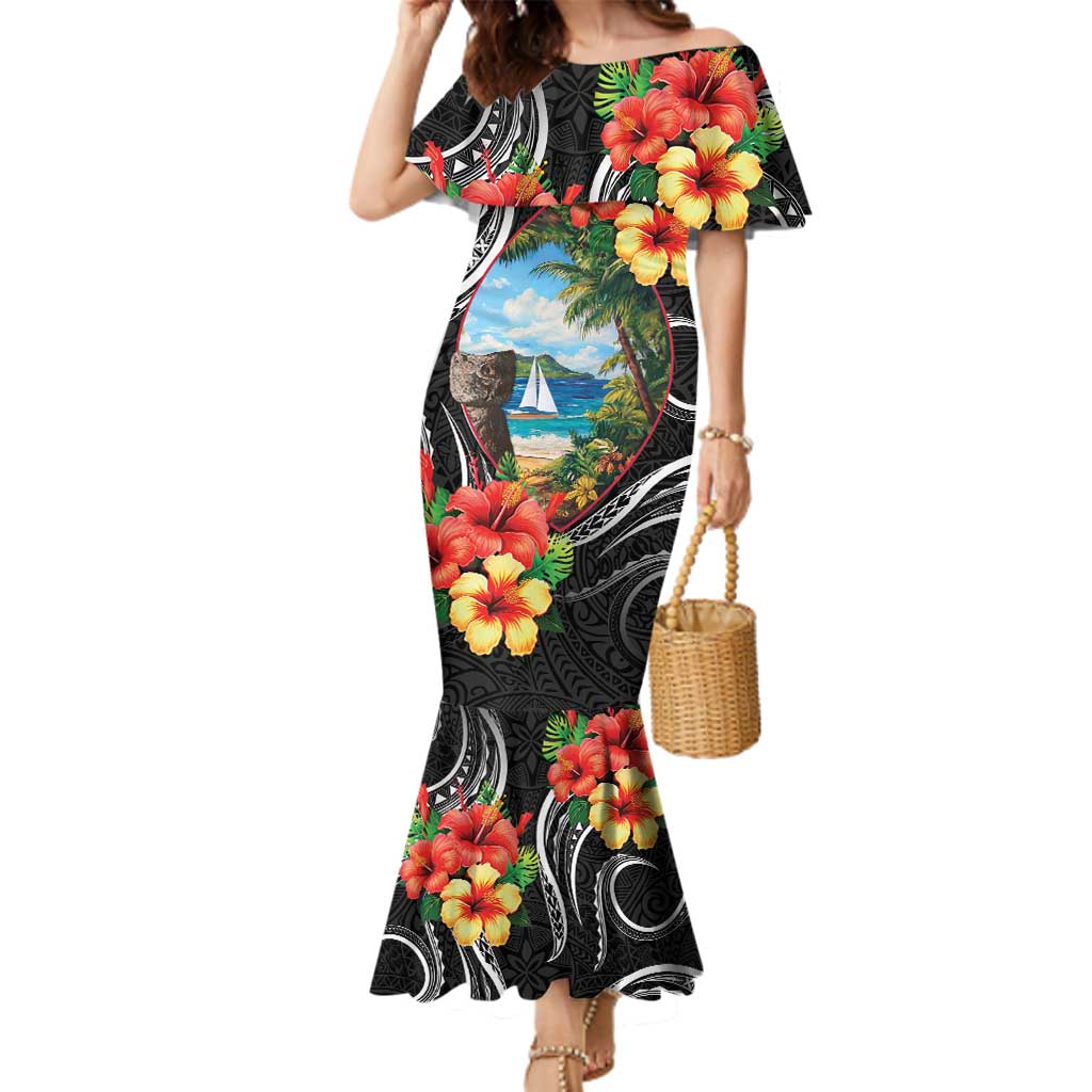 Hafa Adai Guam Family Matching Mermaid Dress and Hawaiian Shirt Guahan Seal Chamorro Stones Tribal LT9 Mom's Dress Black - Polynesian Pride