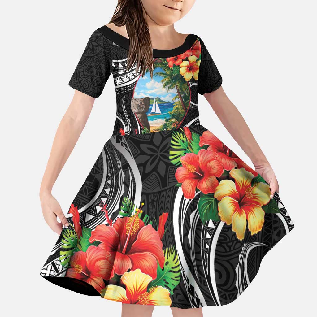 Hafa Adai Guam Family Matching Off Shoulder Maxi Dress and Hawaiian Shirt Guahan Seal Chamorro Stones Tribal LT9 Daughter's Dress Black - Polynesian Pride