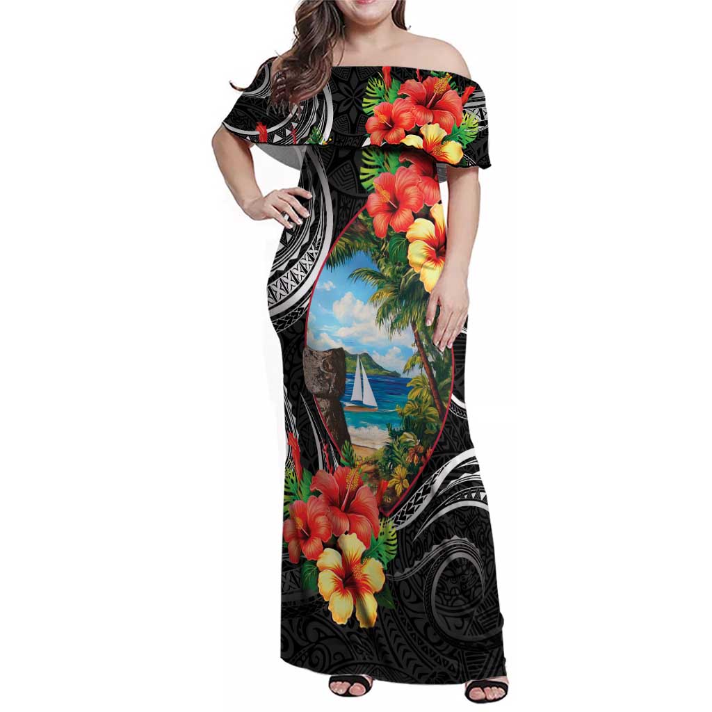 Hafa Adai Guam Family Matching Off Shoulder Maxi Dress and Hawaiian Shirt Guahan Seal Chamorro Stones Tribal LT9 Mom's Dress Black - Polynesian Pride