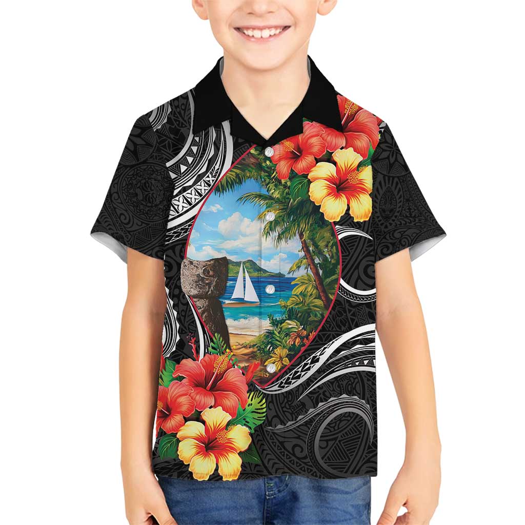 Hafa Adai Guam Family Matching Off Shoulder Maxi Dress and Hawaiian Shirt Guahan Seal Chamorro Stones Tribal LT9 Son's Shirt Black - Polynesian Pride