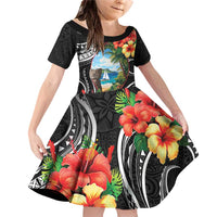 Hafa Adai Guam Family Matching Off Shoulder Short Dress and Hawaiian Shirt Guahan Seal Chamorro Stones Tribal LT9 Daughter's Dress Black - Polynesian Pride