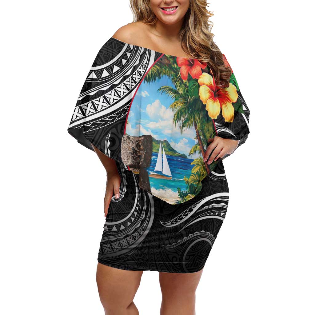 Hafa Adai Guam Family Matching Off Shoulder Short Dress and Hawaiian Shirt Guahan Seal Chamorro Stones Tribal LT9 Mom's Dress Black - Polynesian Pride