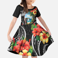 Hafa Adai Guam Family Matching Short Sleeve Bodycon Dress and Hawaiian Shirt Guahan Seal Chamorro Stones Tribal LT9 Daughter's Dress Black - Polynesian Pride