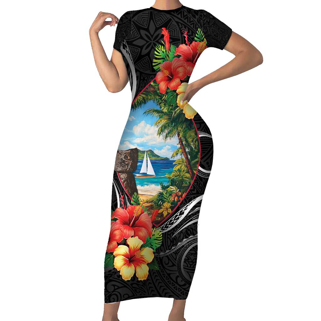 Hafa Adai Guam Family Matching Short Sleeve Bodycon Dress and Hawaiian Shirt Guahan Seal Chamorro Stones Tribal LT9 Mom's Dress Black - Polynesian Pride
