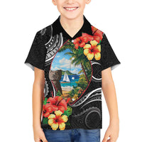 Hafa Adai Guam Family Matching Short Sleeve Bodycon Dress and Hawaiian Shirt Guahan Seal Chamorro Stones Tribal LT9 Son's Shirt Black - Polynesian Pride