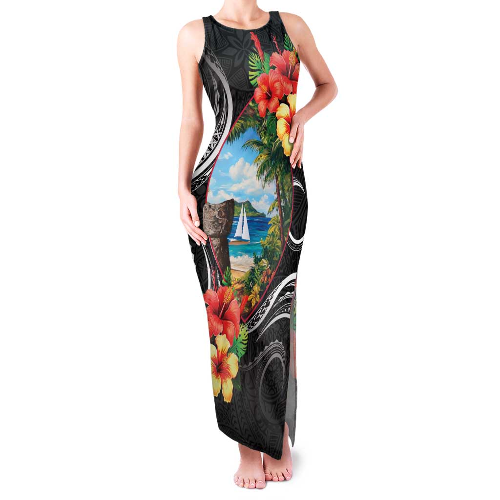 Hafa Adai Guam Family Matching Tank Maxi Dress and Hawaiian Shirt Guahan Seal Chamorro Stones Tribal LT9 Mom's Dress Black - Polynesian Pride