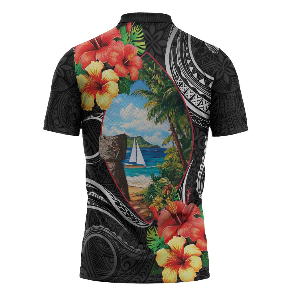 Hafa Adai Guam Zipper Polo Shirt Guahan Seal Chamorro Stones Tribal - Polynesian Pride