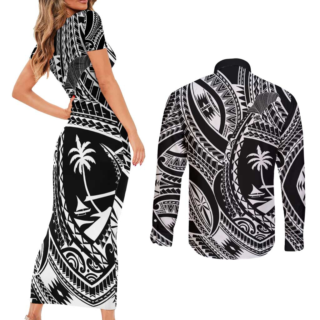 Hafa Adai Guam Inspired Tattoo Couples Matching Short Sleeve Bodycon Dress and Long Sleeve Button Shirt