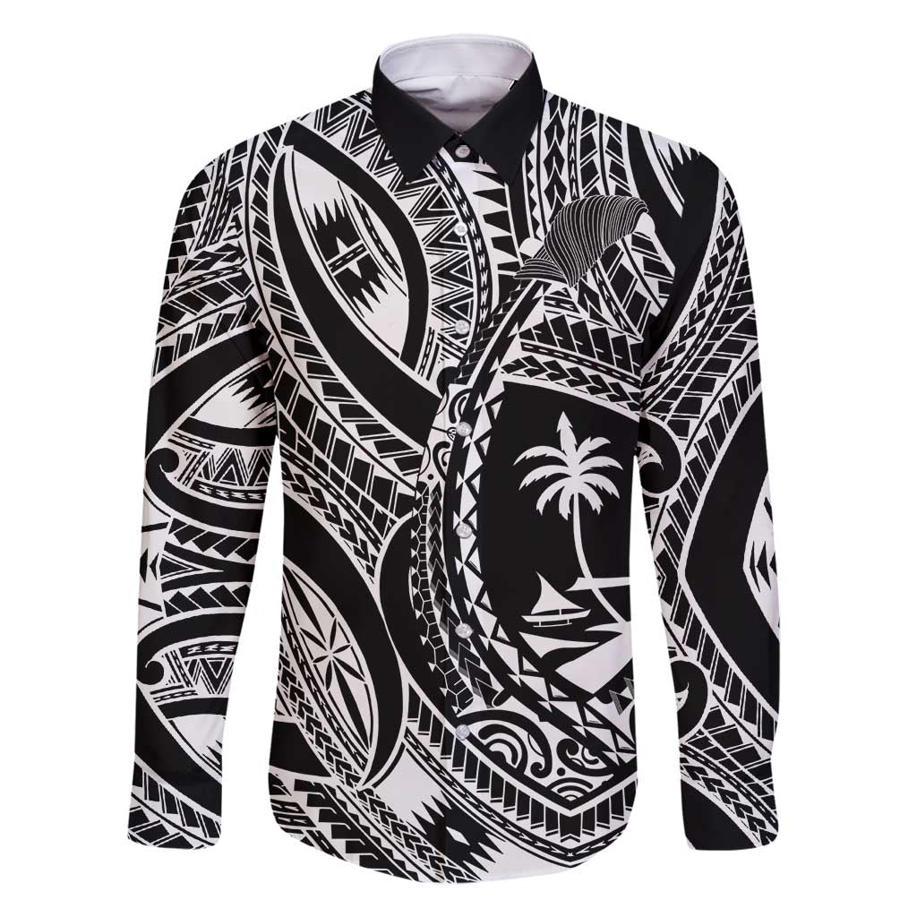Hafa Adai Guam Inspired Tattoo Family Matching Mermaid Dress and Hawaiian Shirt LT9 Dad's Shirt - Long Sleeve Black - Polynesian Pride