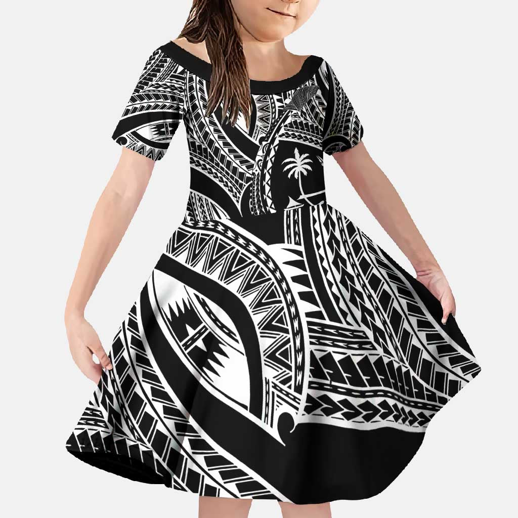 Hafa Adai Guam Inspired Tattoo Family Matching Short Sleeve Bodycon Dress and Hawaiian Shirt LT9 Daughter's Dress Black - Polynesian Pride