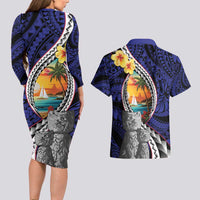 Hafa Adai Guam Seal Latte Stones Artwork Couples Matching Long Sleeve Bodycon Dress and Hawaiian Shirt