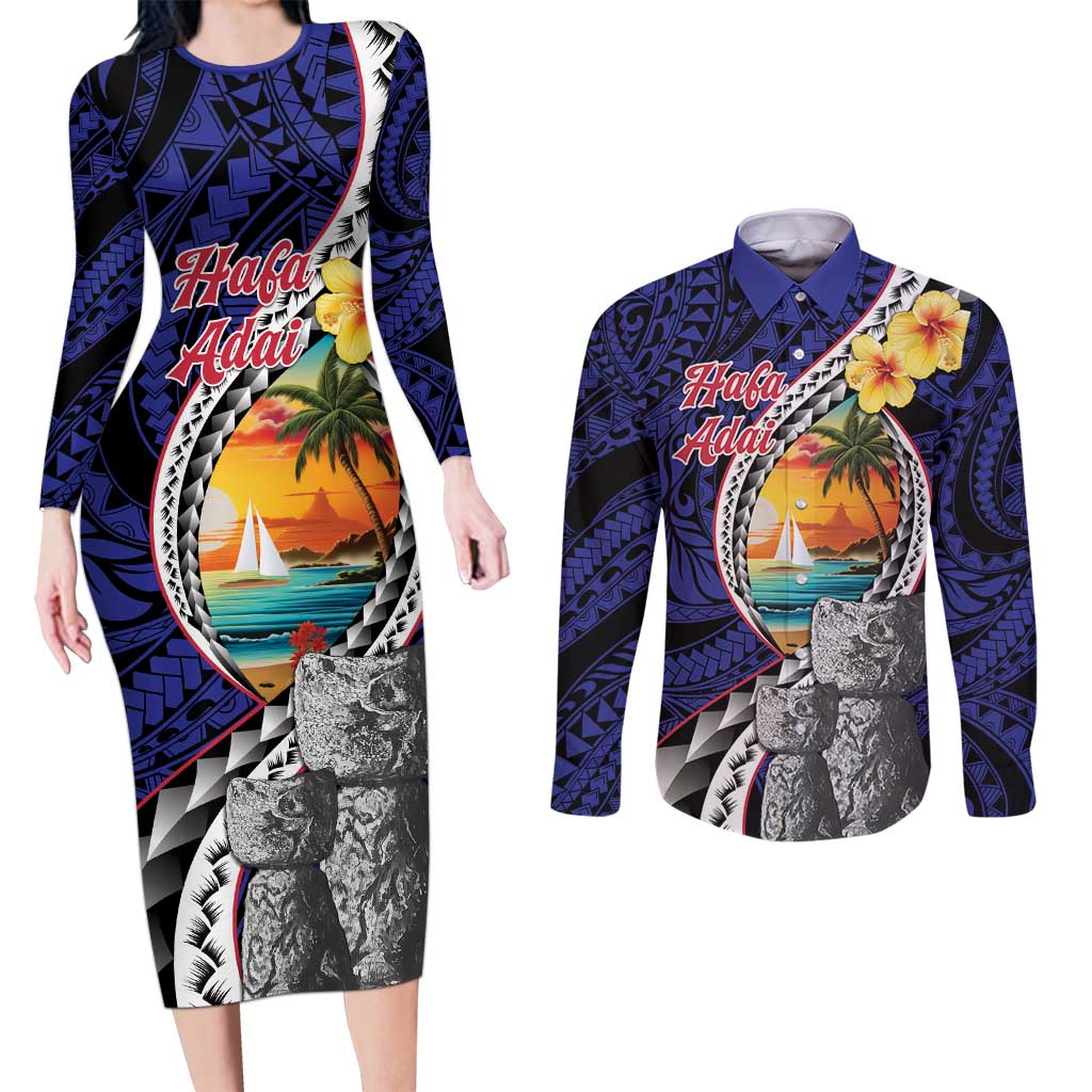 Hafa Adai Guam Seal Latte Stones Artwork Couples Matching Long Sleeve Bodycon Dress and Long Sleeve Button Shirt