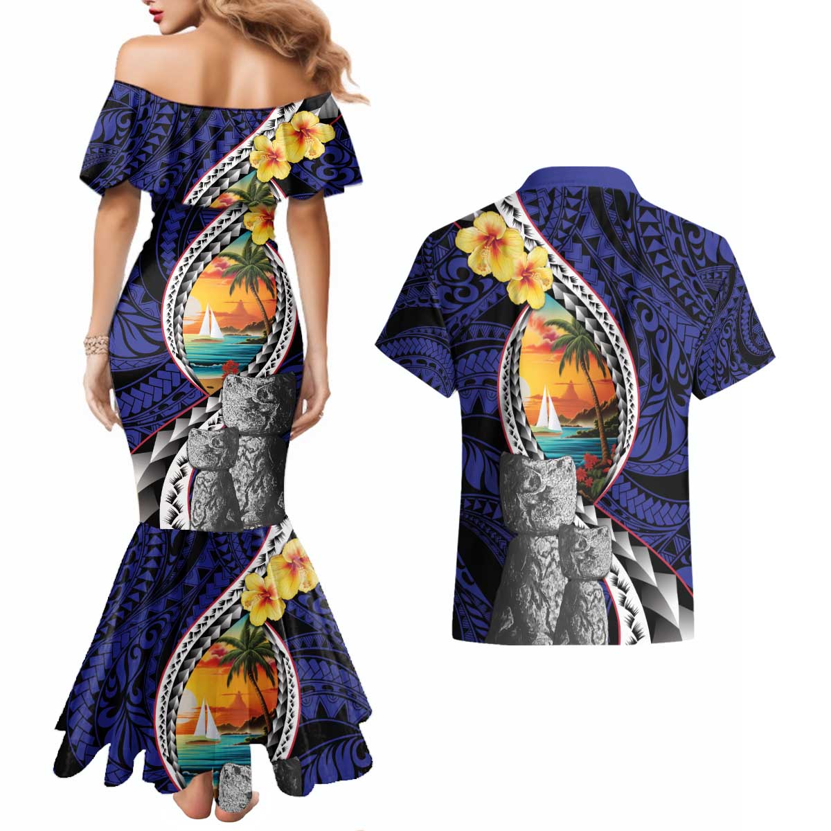 Hafa Adai Guam Seal Latte Stones Artwork Couples Matching Mermaid Dress and Hawaiian Shirt