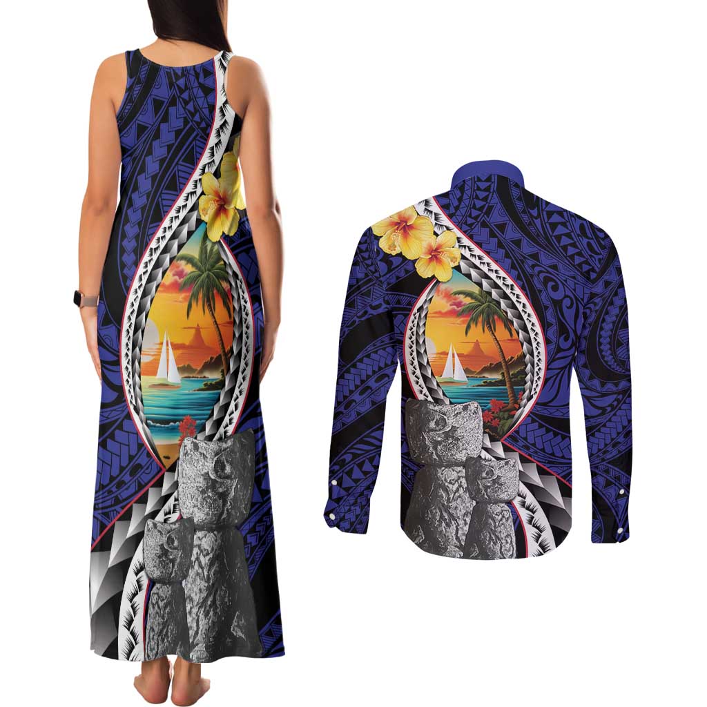 Hafa Adai Guam Seal Latte Stones Artwork Couples Matching Tank Maxi Dress and Long Sleeve Button Shirt