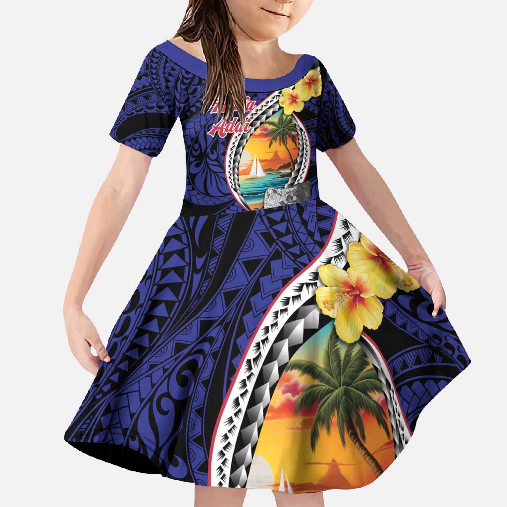 Hafa Adai Guam Seal Latte Stones Artwork Family Matching Long Sleeve Bodycon Dress and Hawaiian Shirt LT9 Daughter's Dress Blue - Polynesian Pride