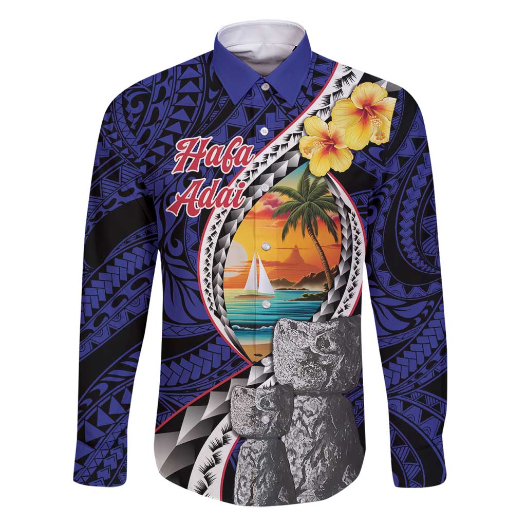Hafa Adai Guam Seal Latte Stones Artwork Family Matching Long Sleeve Bodycon Dress and Hawaiian Shirt LT9 Dad's Shirt - Long Sleeve Blue - Polynesian Pride