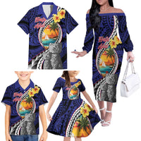 Hafa Adai Guam Seal Latte Stones Artwork Family Matching Off The Shoulder Long Sleeve Dress and Hawaiian Shirt