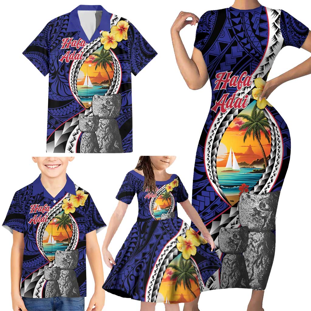 Hafa Adai Guam Seal Latte Stones Artwork Family Matching Short Sleeve Bodycon Dress and Hawaiian Shirt