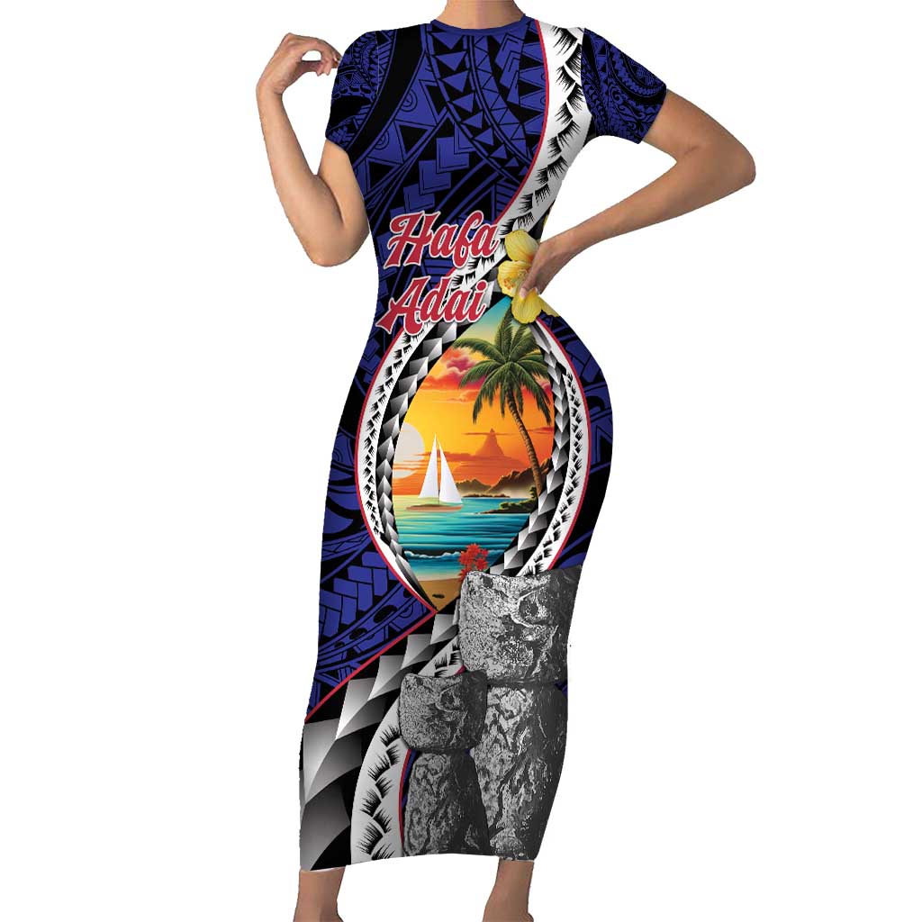 Hafa Adai Guam Seal Latte Stones Artwork Family Matching Short Sleeve Bodycon Dress and Hawaiian Shirt LT9 Mom's Dress Blue - Polynesian Pride