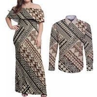 Niho Taniwha Kowhaiwhai Couples Matching Off Shoulder Maxi Dress and Long Sleeve Button Shirt