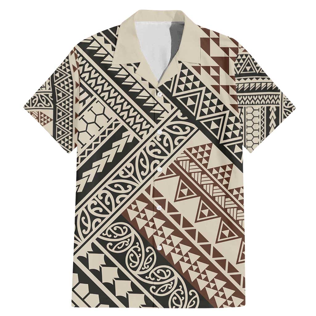 Niho Taniwha Kowhaiwhai Family Matching Mermaid Dress and Hawaiian Shirt LT9 Dad's Shirt - Short Sleeve Beige - Polynesian Pride