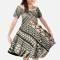 Niho Taniwha Kowhaiwhai Family Matching Off The Shoulder Long Sleeve Dress and Hawaiian Shirt LT9 Daughter's Dress Beige - Polynesian Pride