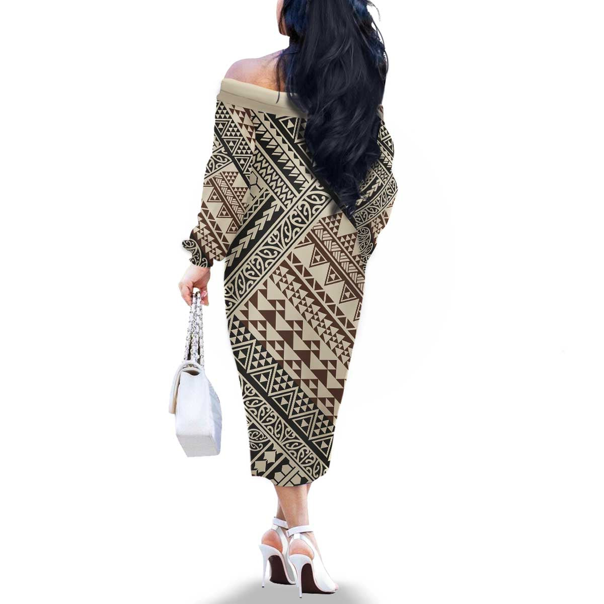 Niho Taniwha Kowhaiwhai Family Matching Off The Shoulder Long Sleeve Dress and Hawaiian Shirt LT9 - Polynesian Pride