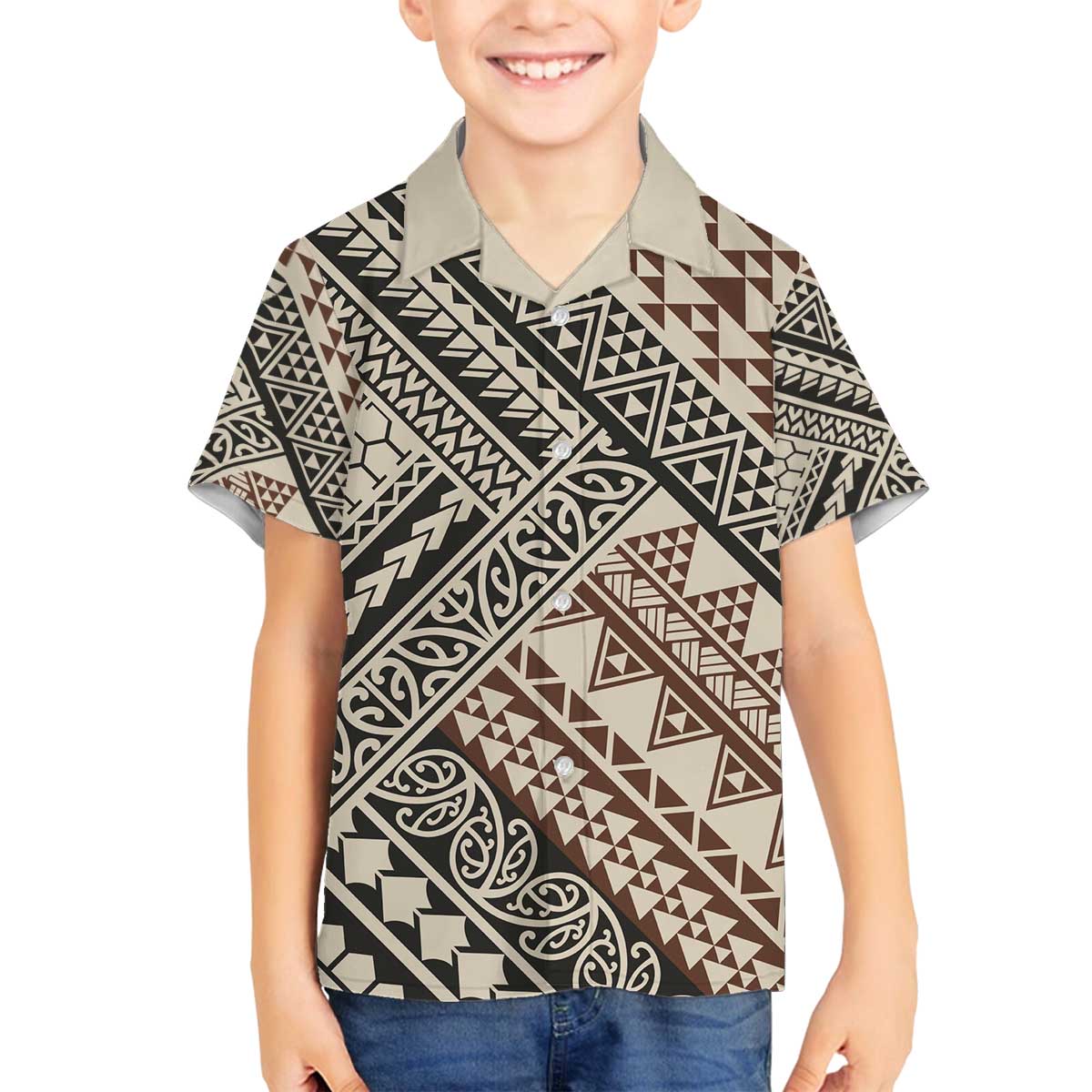 Niho Taniwha Kowhaiwhai Family Matching Off The Shoulder Long Sleeve Dress and Hawaiian Shirt LT9 Son's Shirt Beige - Polynesian Pride