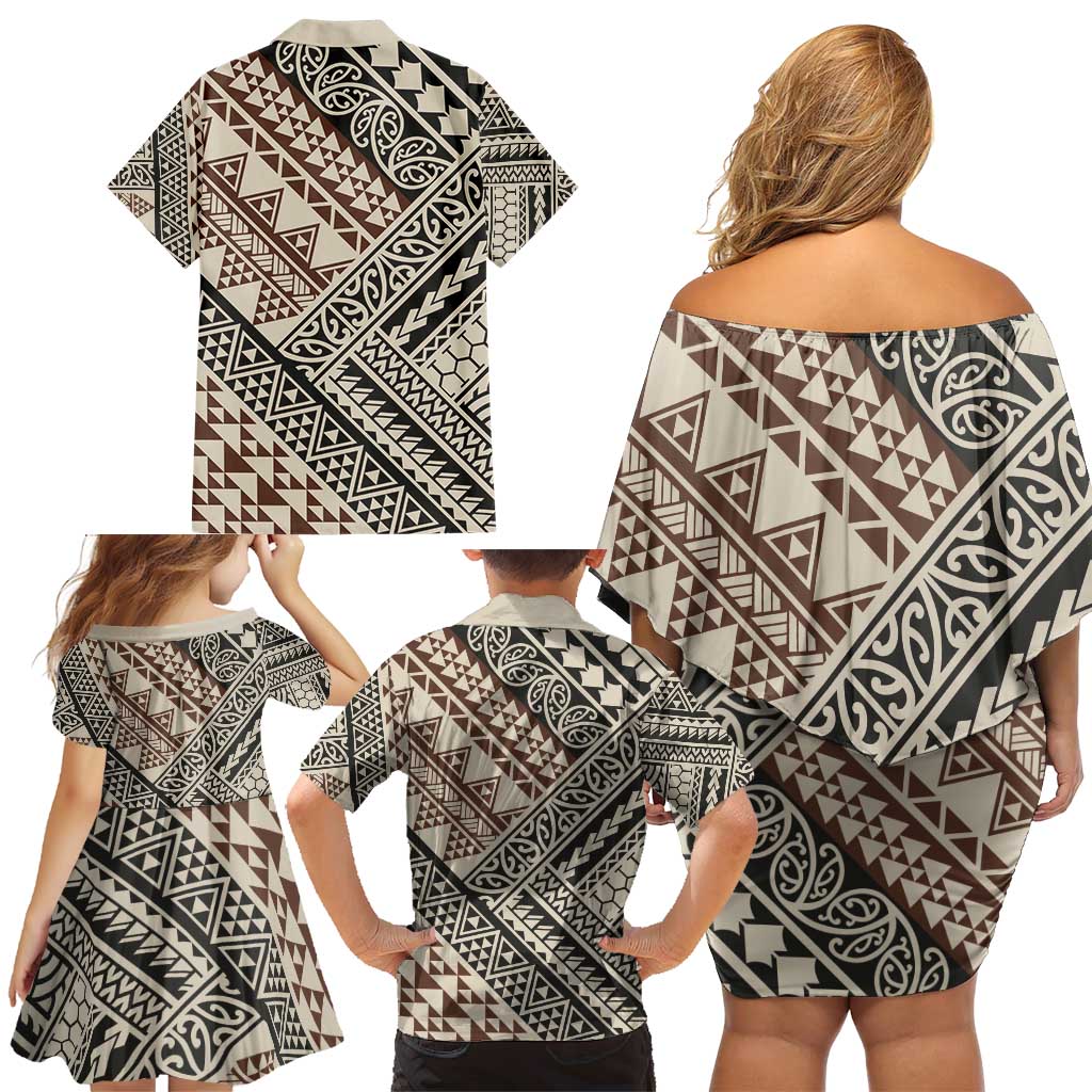 Niho Taniwha Kowhaiwhai Family Matching Off Shoulder Short Dress and Hawaiian Shirt