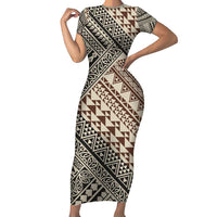 Niho Taniwha Kowhaiwhai Family Matching Short Sleeve Bodycon Dress and Hawaiian Shirt LT9 Mom's Dress Beige - Polynesian Pride