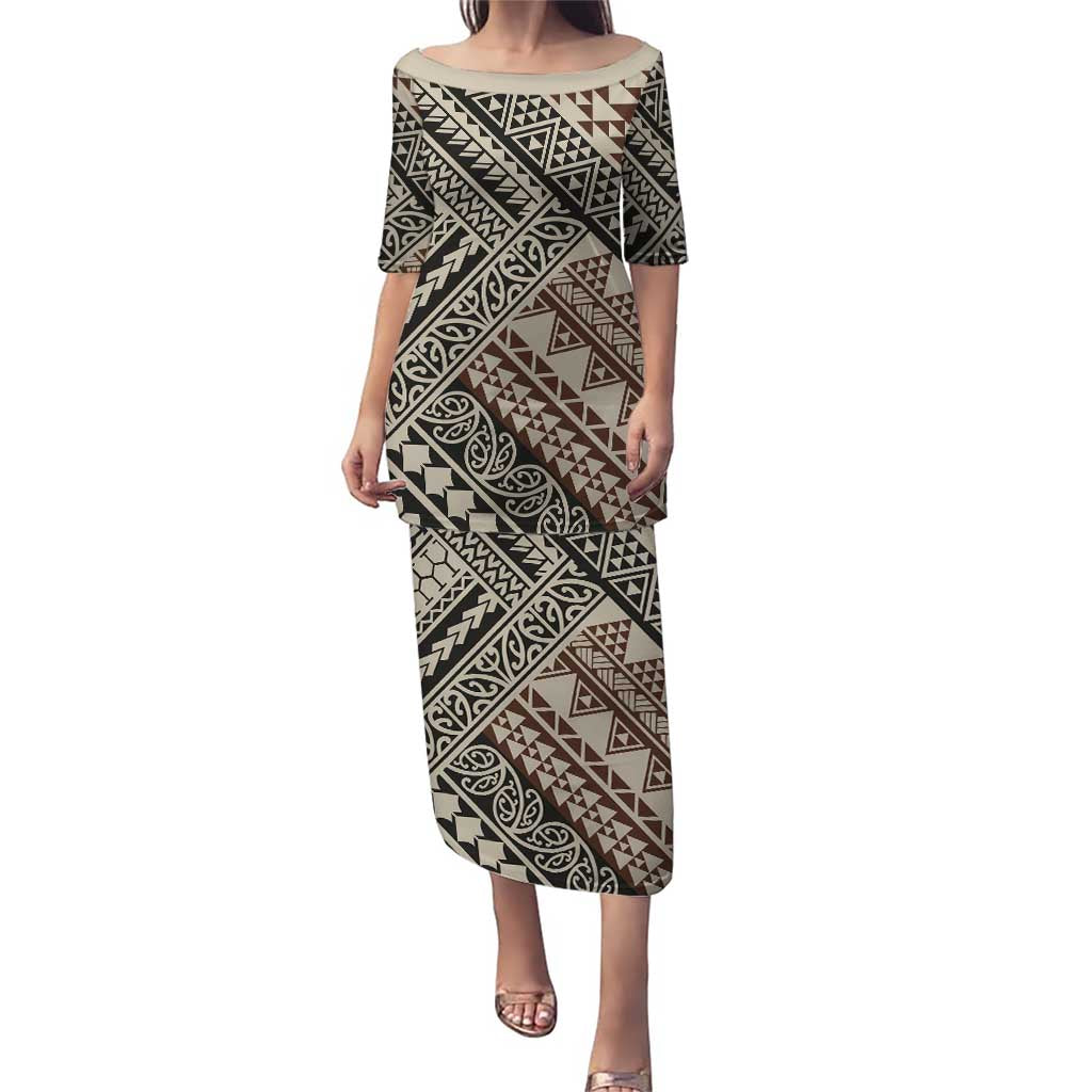 Niho Taniwha Kowhaiwhai Puletasi LT9 Long Dress Beige - Polynesian Pride