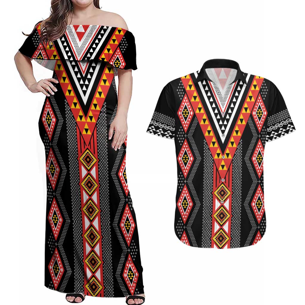 Niho Taniwha Taniko Motif Couples Matching Off Shoulder Maxi Dress and Hawaiian Shirt