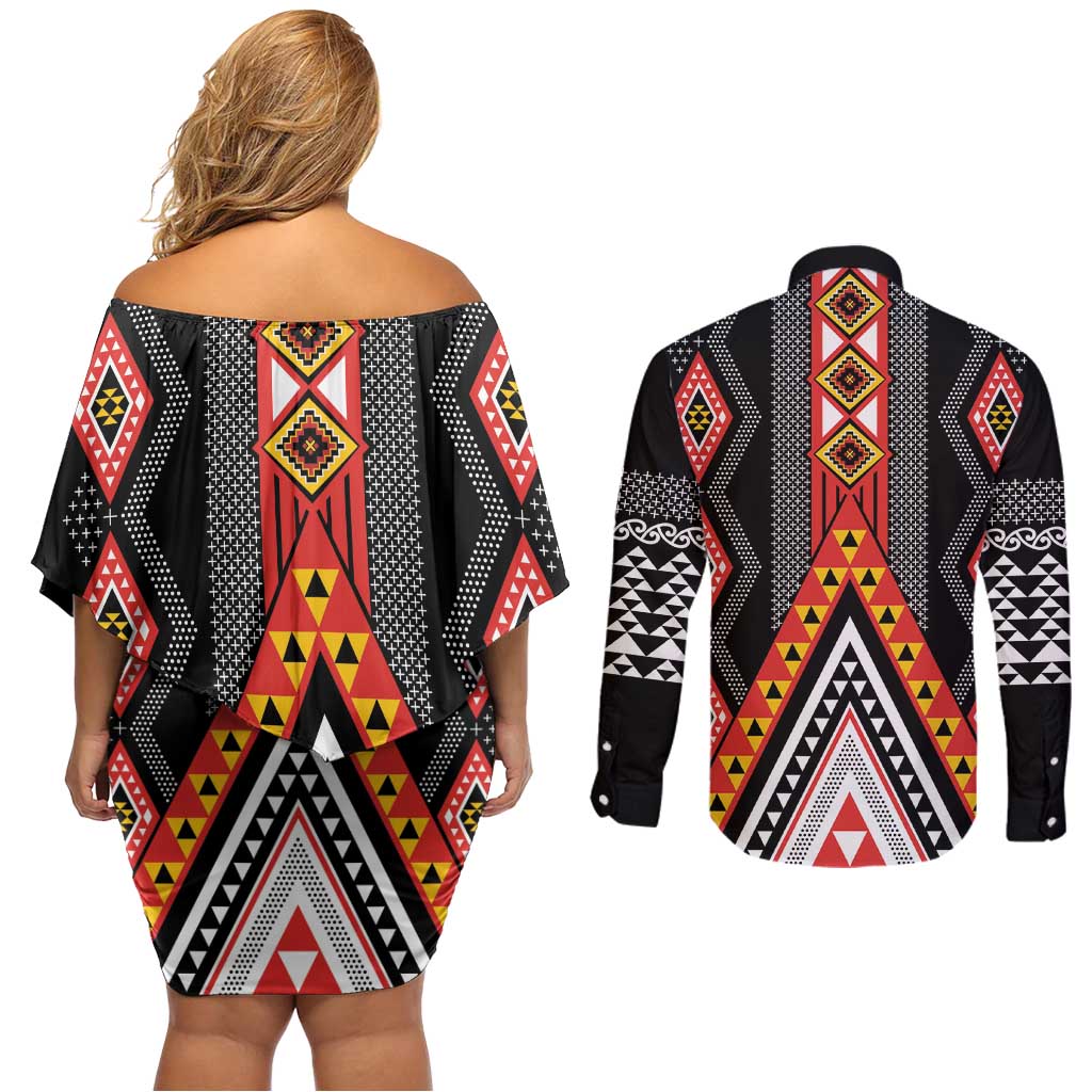 Niho Taniwha Taniko Motif Couples Matching Off Shoulder Short Dress and Long Sleeve Button Shirt