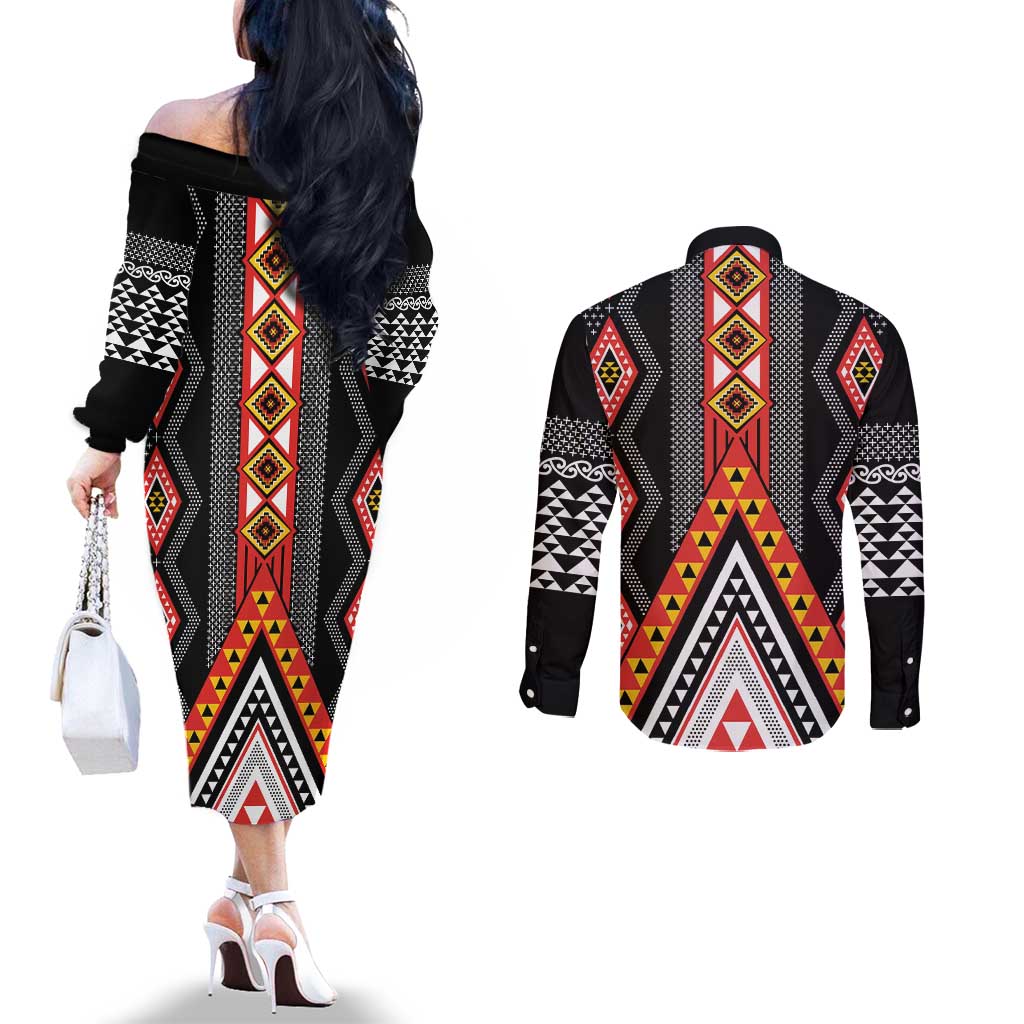 Niho Taniwha Taniko Motif Couples Matching Off The Shoulder Long Sleeve Dress and Long Sleeve Button Shirt